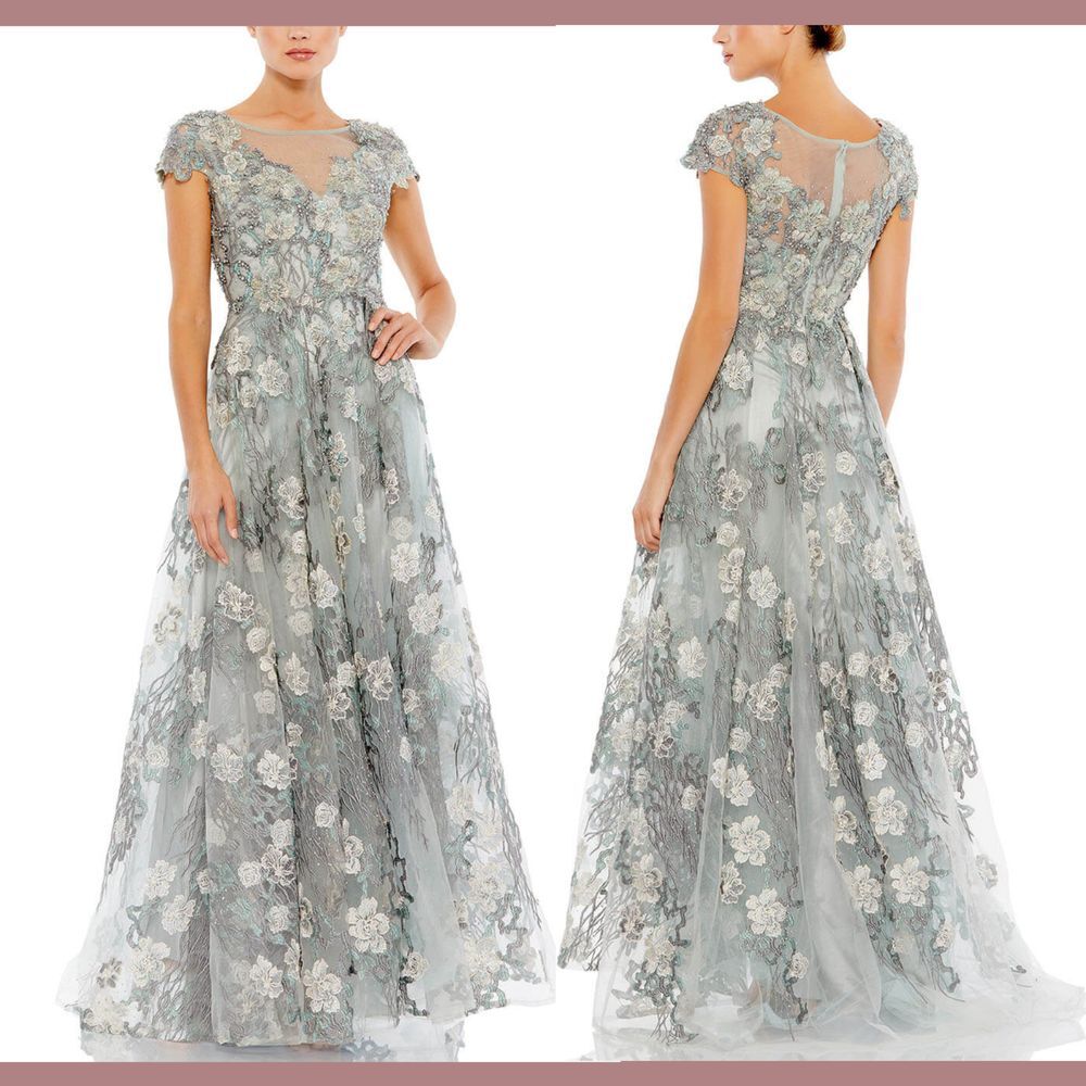 NWT $798 Mac Duggal‎ [ 8 ] 20294 Floral Embroidered Short Sleeve Gown Seamist